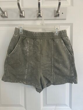 Women's Washed Olive Green Elastic Waist Casual Shorts